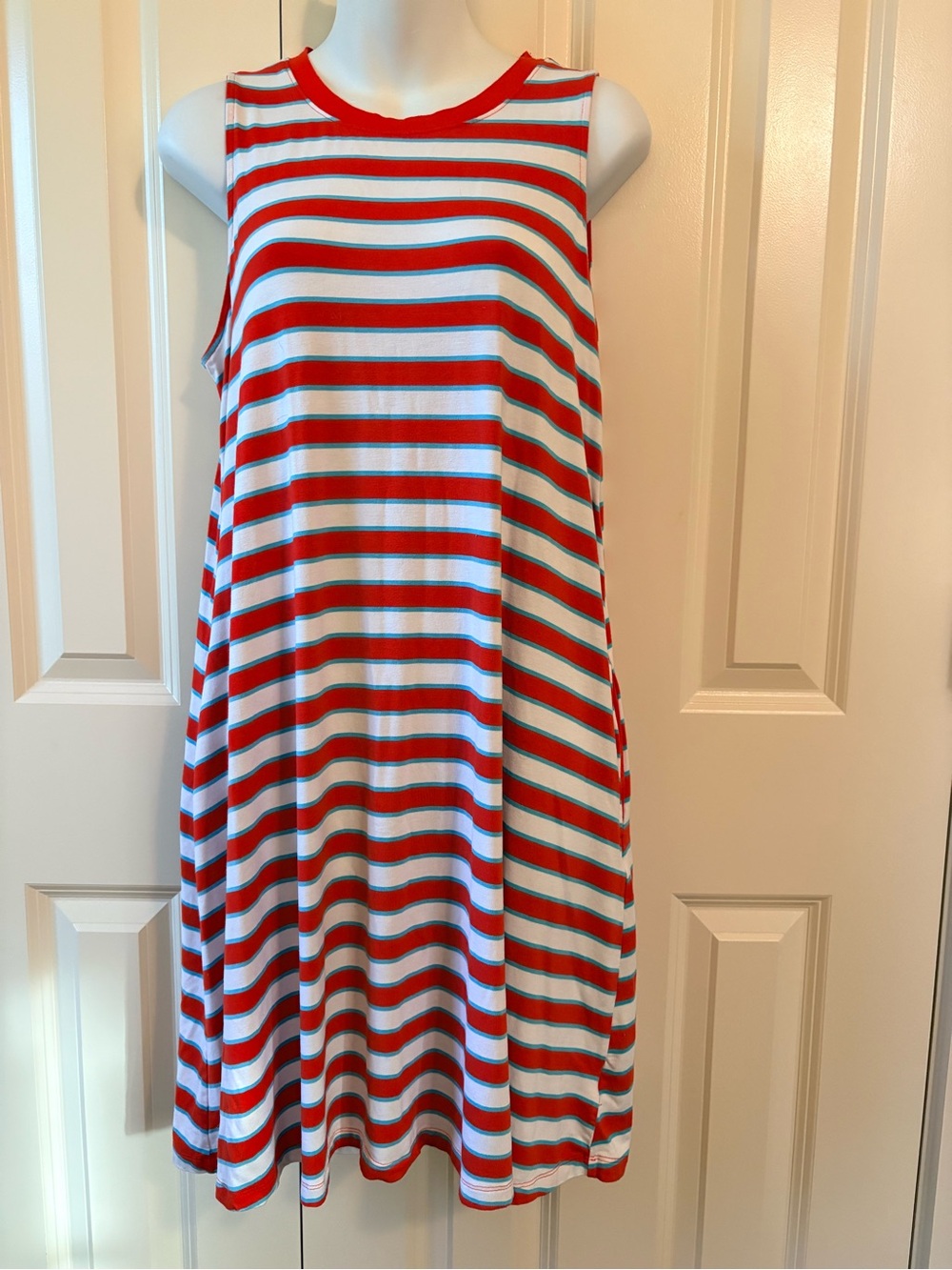 Red, White and Light Blue Striped Tank Top dress, size L